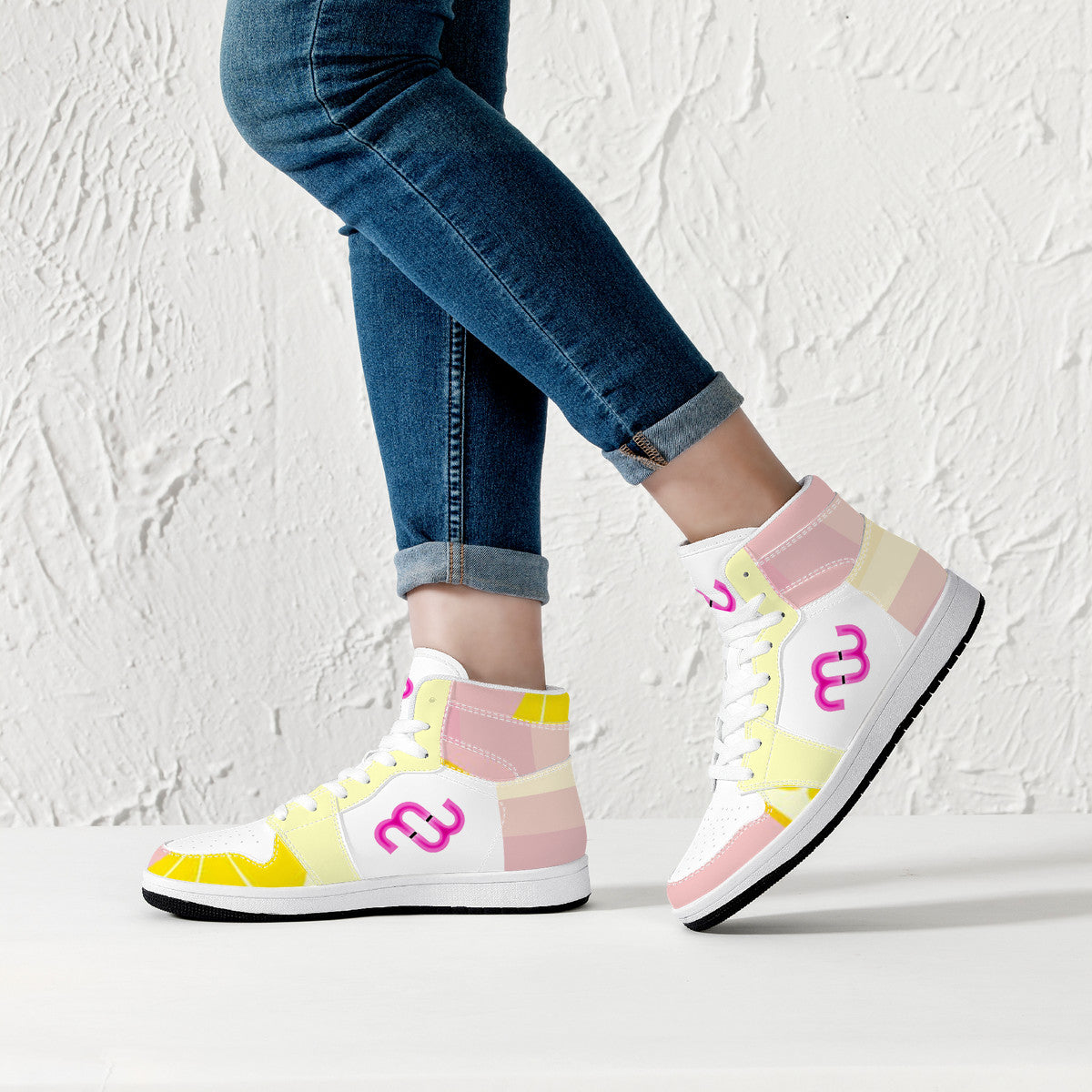 Money Bushae D16 High-Top Synthetic Leather Sneakers - White Lemonade Pink and Yellow