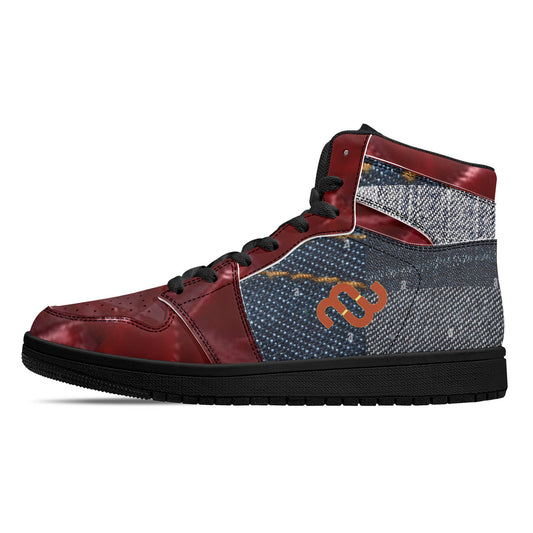 Money Bushae denim Burgundy D16 High-Top Synthetic Leather Sneakers - Black Bottom