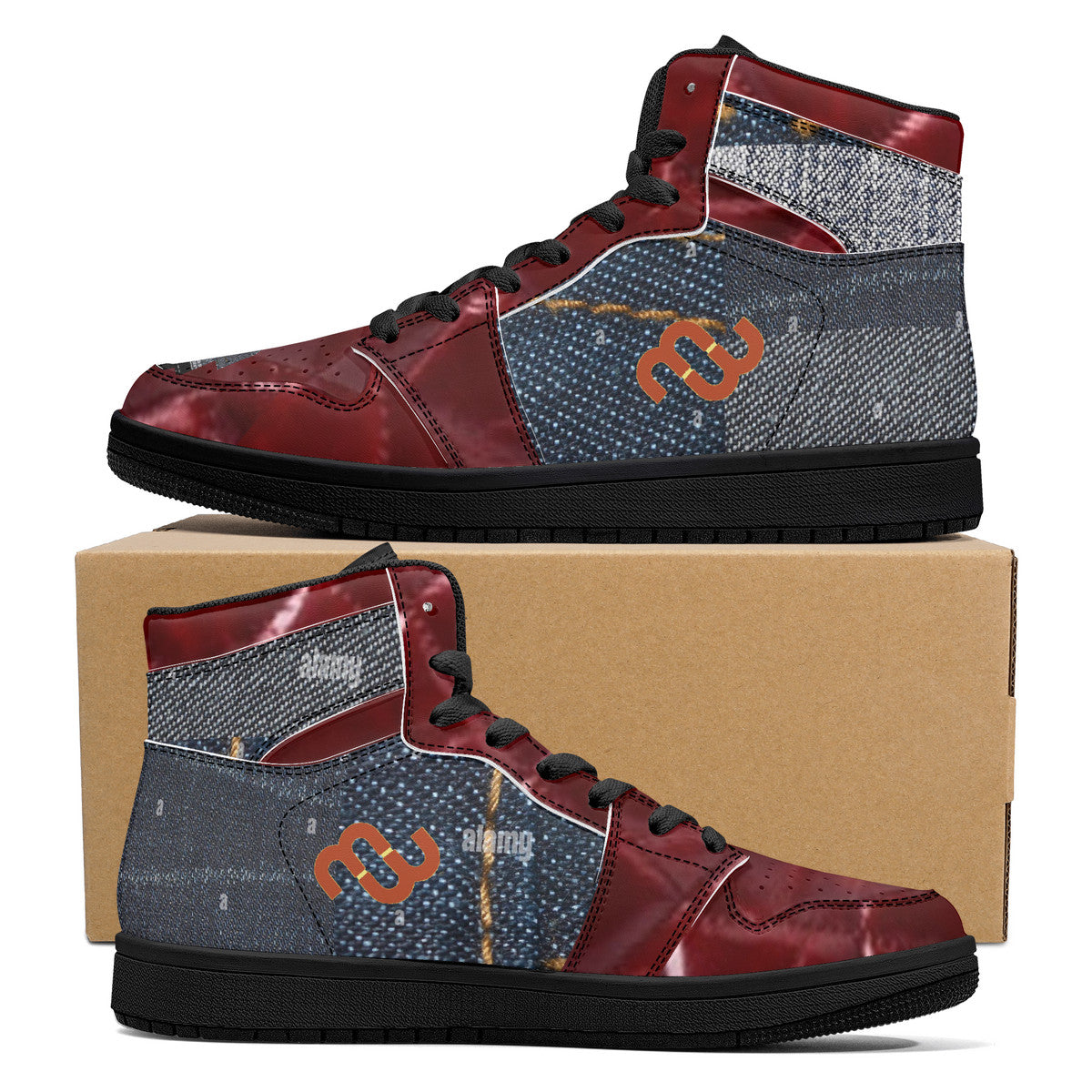 Money Bushae denim Burgundy D16 High-Top Synthetic Leather Sneakers - Black Bottom