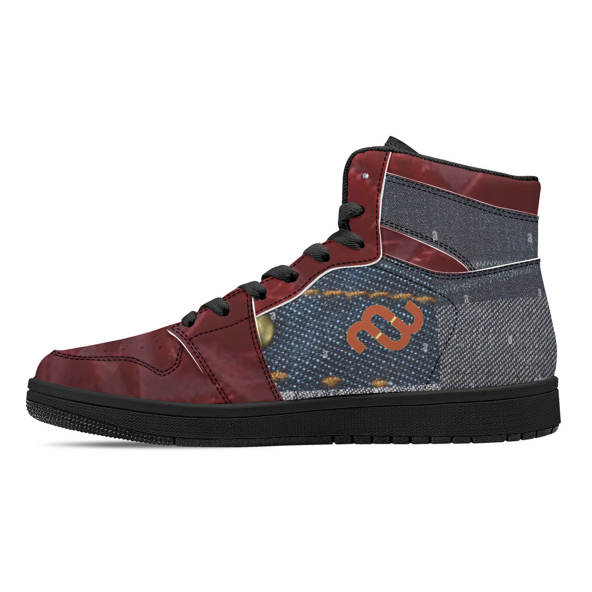 Money Bushae denim Burgundy D16 High-Top Synthetic Leather Sneakers - Black Bottom