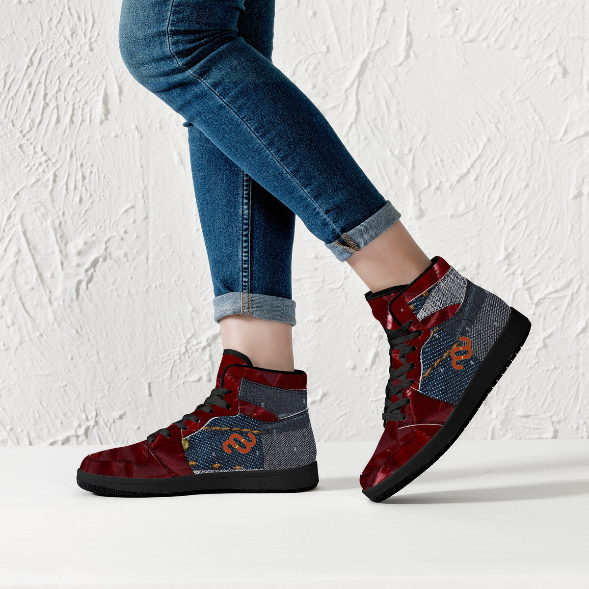 Money Bushae denim Burgundy D16 High-Top Synthetic Leather Sneakers - Black Bottom