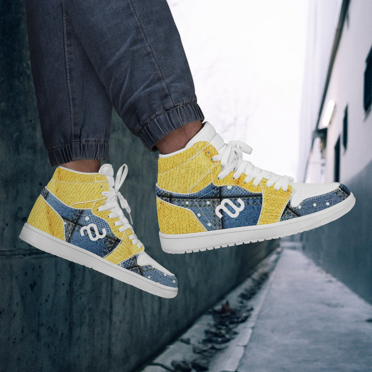 Money Bushae Yellow Denim D17 High Top Synthetic Leather Sneaker