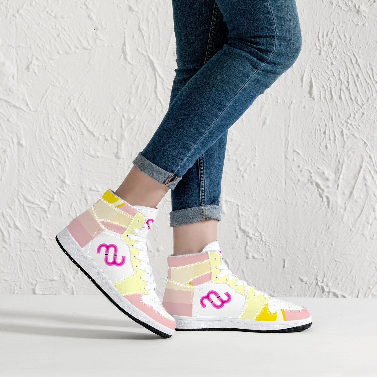 Money Bushae D16 High-Top Synthetic Leather Sneakers - White Lemonade Pink and Yellow