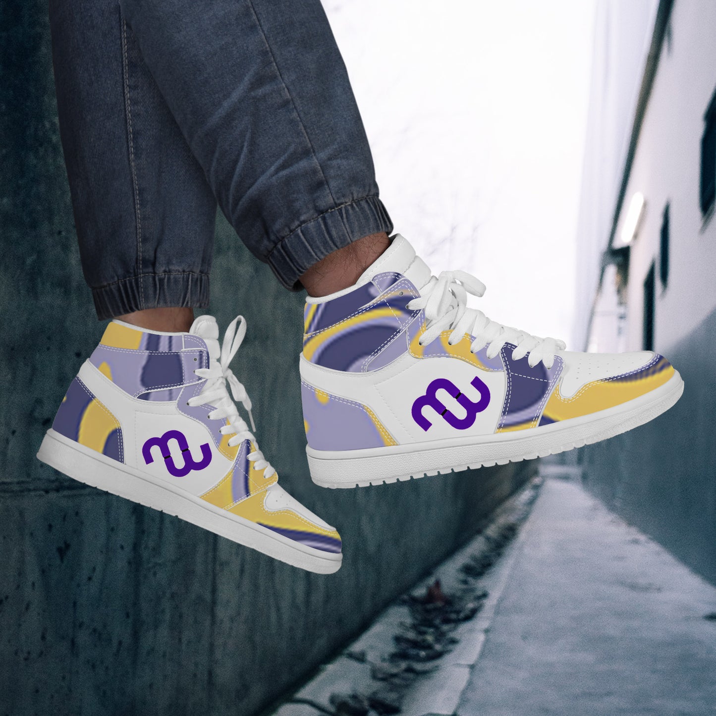 Money Bushae D17 High Top Synthetic Leather Sneaker purple yellow