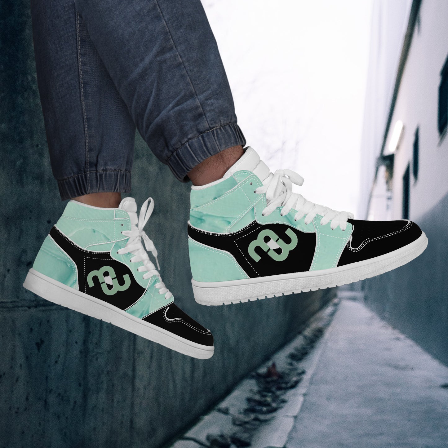 Money Bushae D17 High Top Synthetic Leather Sneaker Black and Mint green