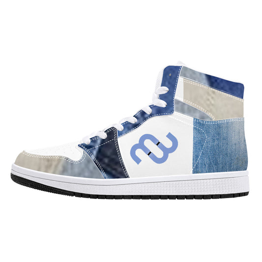 Money Bushae Denim D16 High-Top Synthetic Leather Sneakers - White