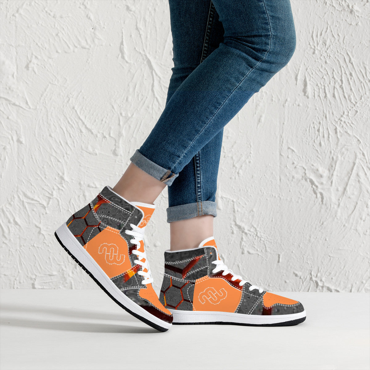 Money Bushae D16 High-Top Synthetic Leather Sneakers - Orange and Grey