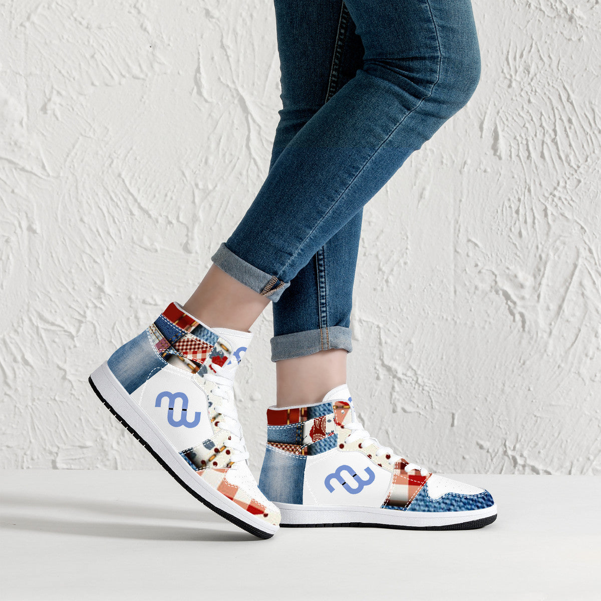 Money Bushae Denim D16 High-Top Synthetic Leather Sneakers - White