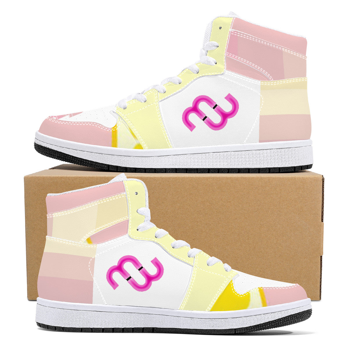Money Bushae D16 High-Top Synthetic Leather Sneakers - White Lemonade Pink and Yellow