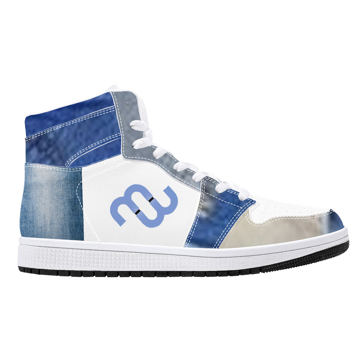 Money Bushae Denim D16 High-Top Synthetic Leather Sneakers - White