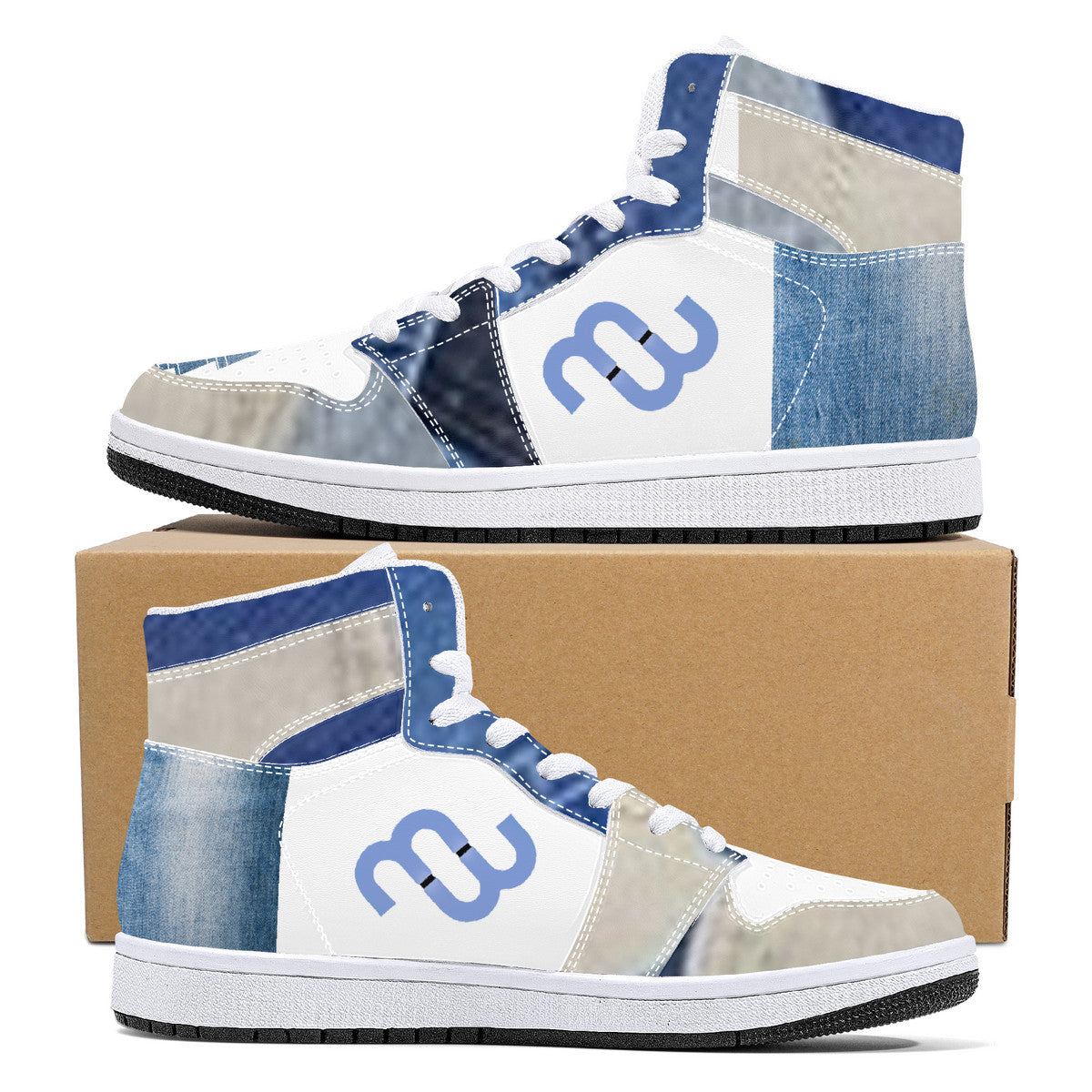 Money Bushae Denim D16 High-Top Synthetic Leather Sneakers - White