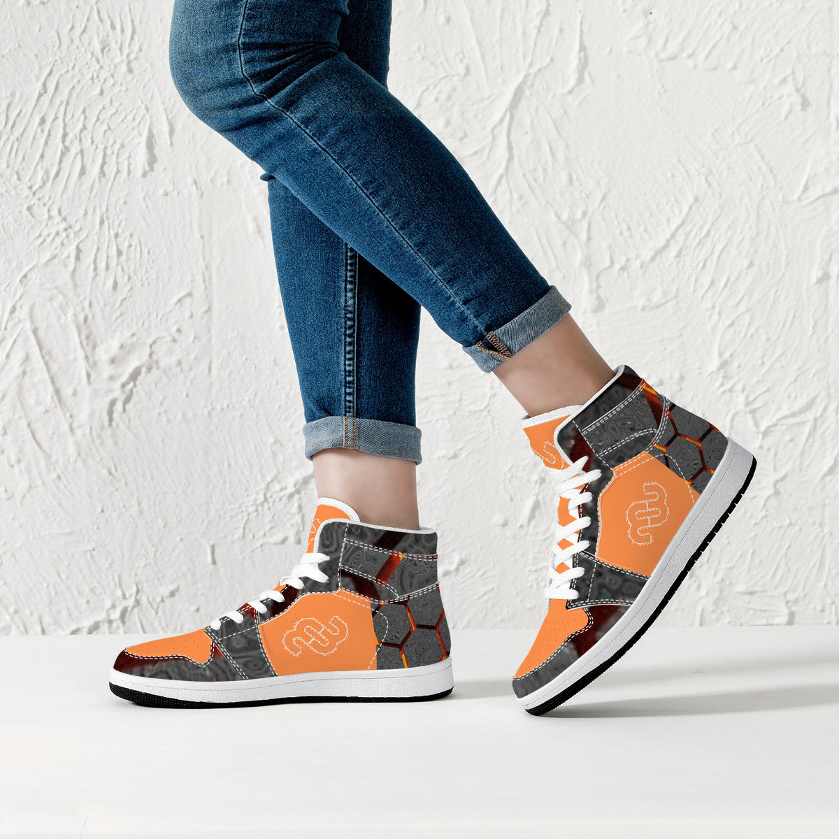 Money Bushae D16 High-Top Synthetic Leather Sneakers - Orange and Grey