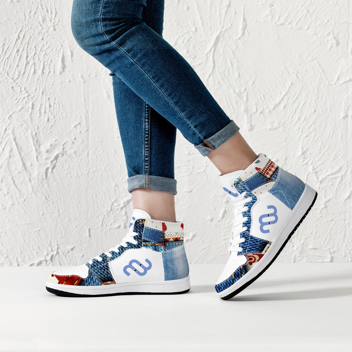 Money Bushae Denim D16 High-Top Synthetic Leather Sneakers - White