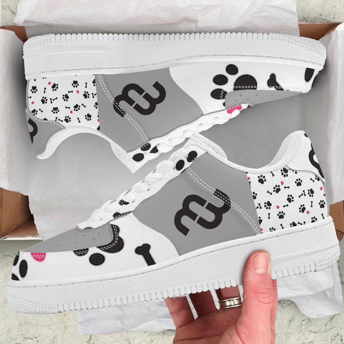 Money Bushae SF_F8 Low Top Unisex Sneaker puppy paws white and grey