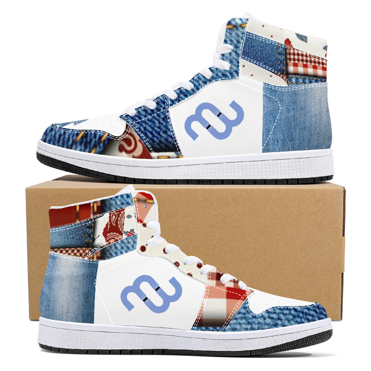 Money Bushae Denim D16 High-Top Synthetic Leather Sneakers - White