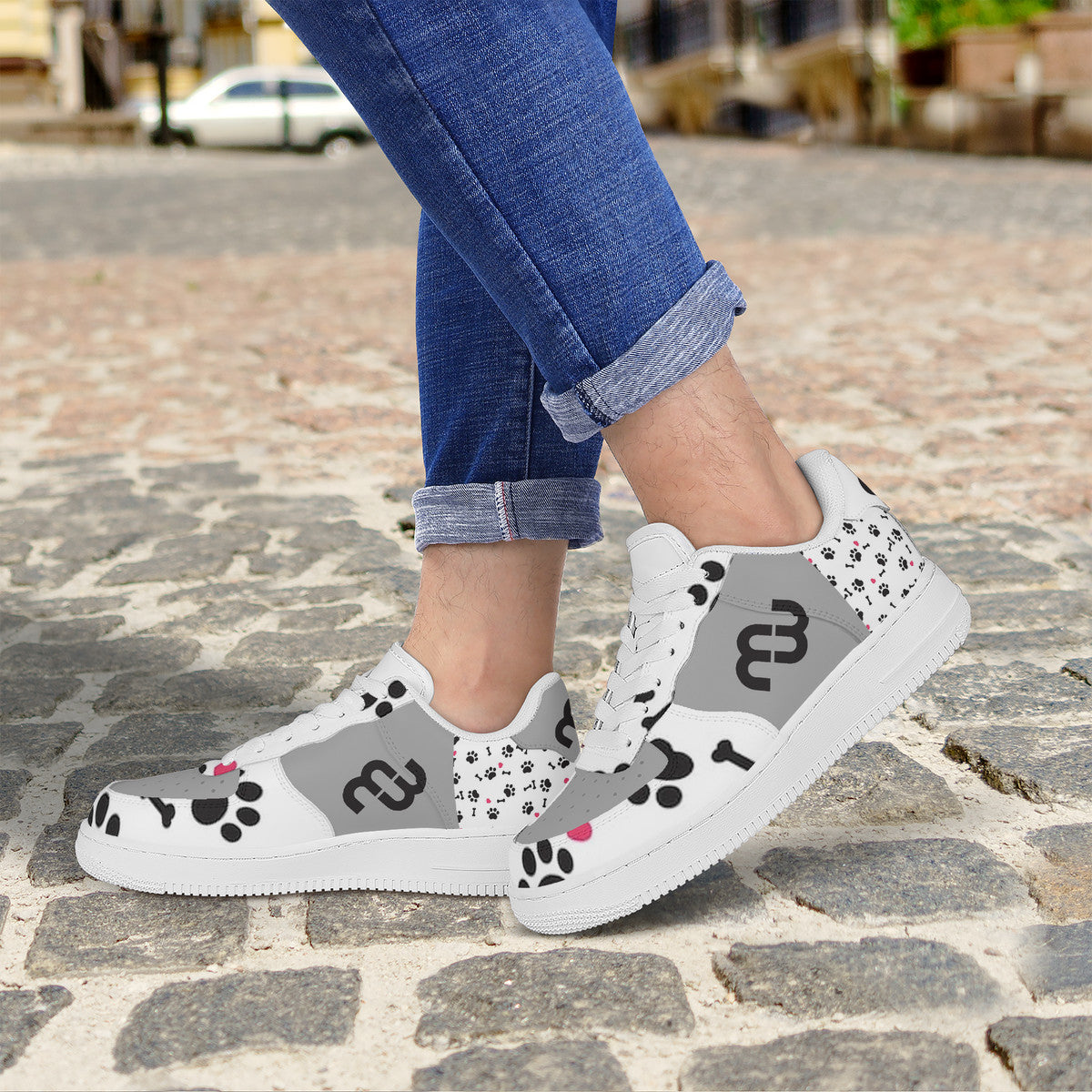 Money Bushae SF_F8 Low Top Unisex Sneaker puppy paws white and grey