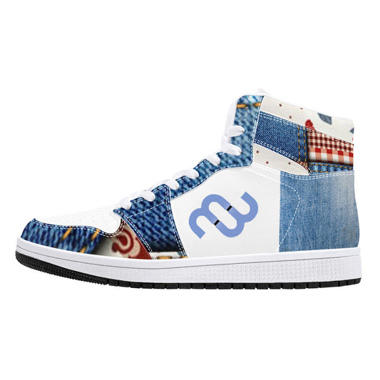 Money Bushae Denim D16 High-Top Synthetic Leather Sneakers - White